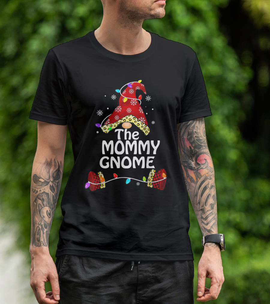 The Mommy Gnome Buffalo Plaid Leopard Print Christmas Lights T-Shirt