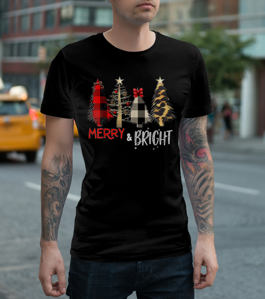 Merry And Bright Christmas Wild Leopard Plaid Trees Xmas T-Shirt