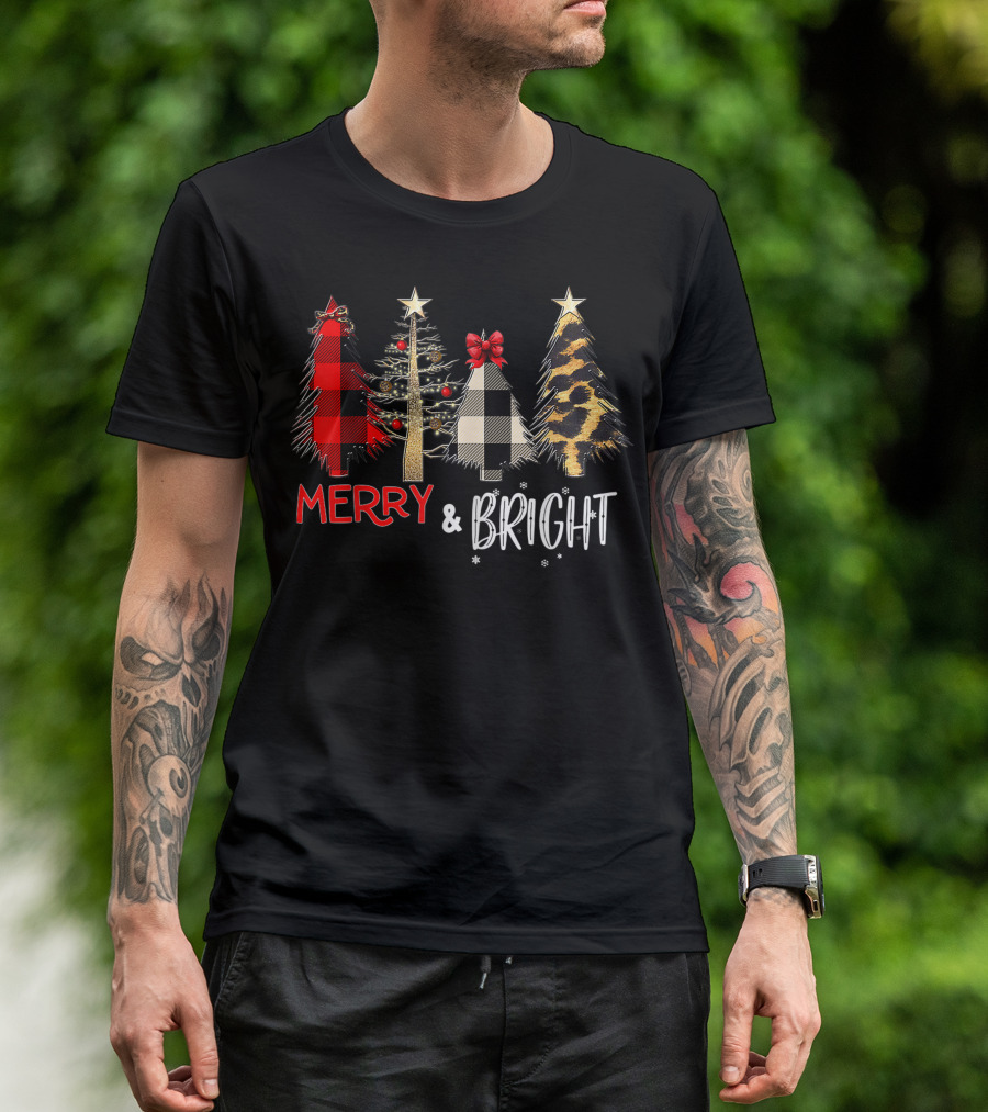 Merry And Bright Christmas Wild Leopard Plaid Trees Xmas T-Shirt