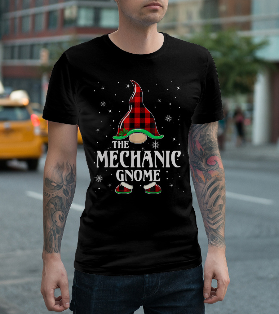 The Mechanic Gnome Buffalo Plaid Christmas Matching Family Holiday Snowflakes T-Shirt