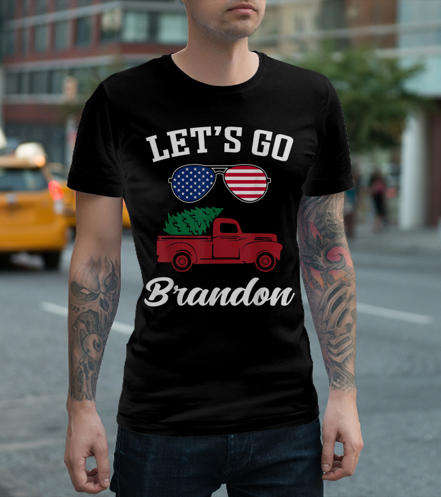 LET'S GO BRANDON American Flag Sunglasses Red Truck Christmas Tree T-Shirt