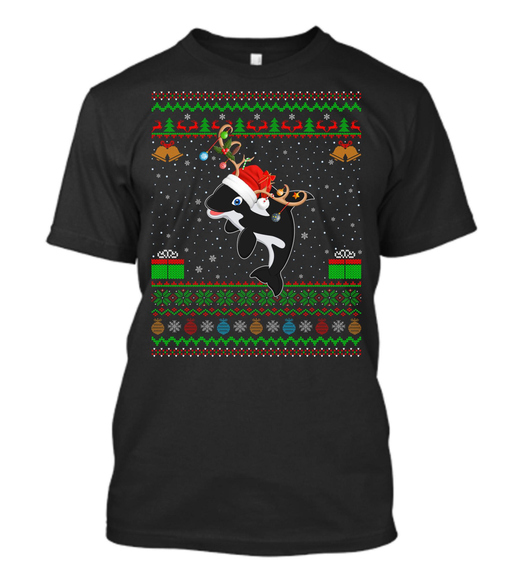 Ugly Christmas Orca Whale In Santa Hat With Xmas Lighting And Reindeer Antlers T-Shirt