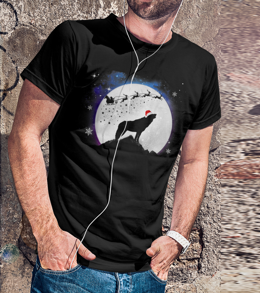 Wolf Santa Hat Full Moon Christmas Night T-Shirt