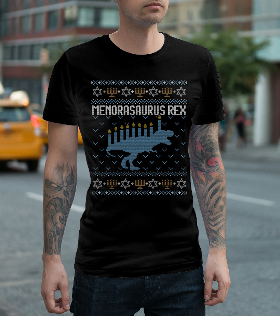 Menorasaurus Rex Hanukkah T-Rex Menorah Candles Star T-Shirt