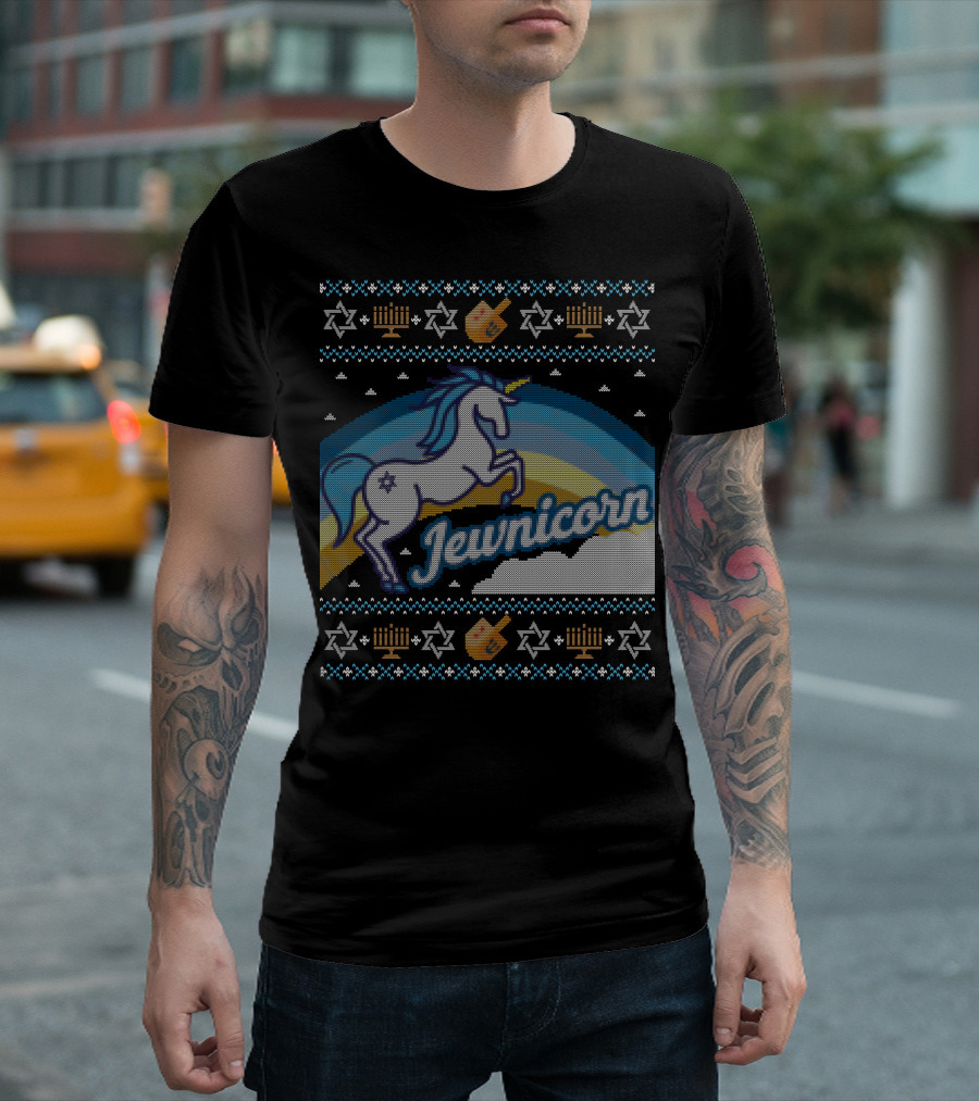 Jewnicorn Hanukkah Festive Unicorn with Menorah and Dreidel T-Shirt