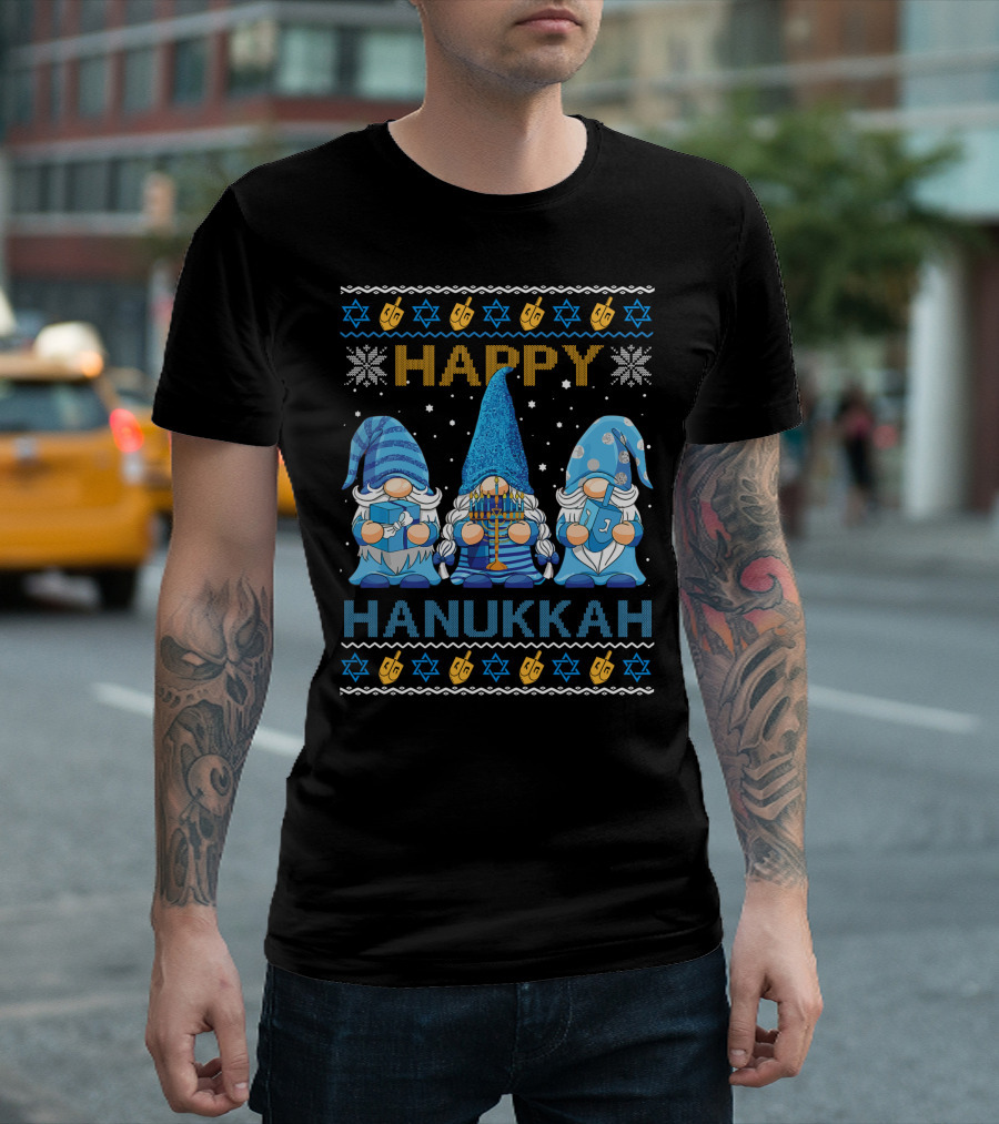 Happy Hanukkah Gnome Gnomies Menorah Dreidel Star Of David T-Shirt