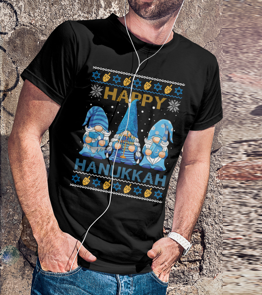 Happy Hanukkah Gnome Gnomies Menorah Dreidel Star Of David T-Shirt