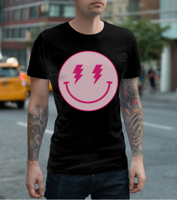 Lightning Bolt Smiley Face Pink Circle T-Shirt