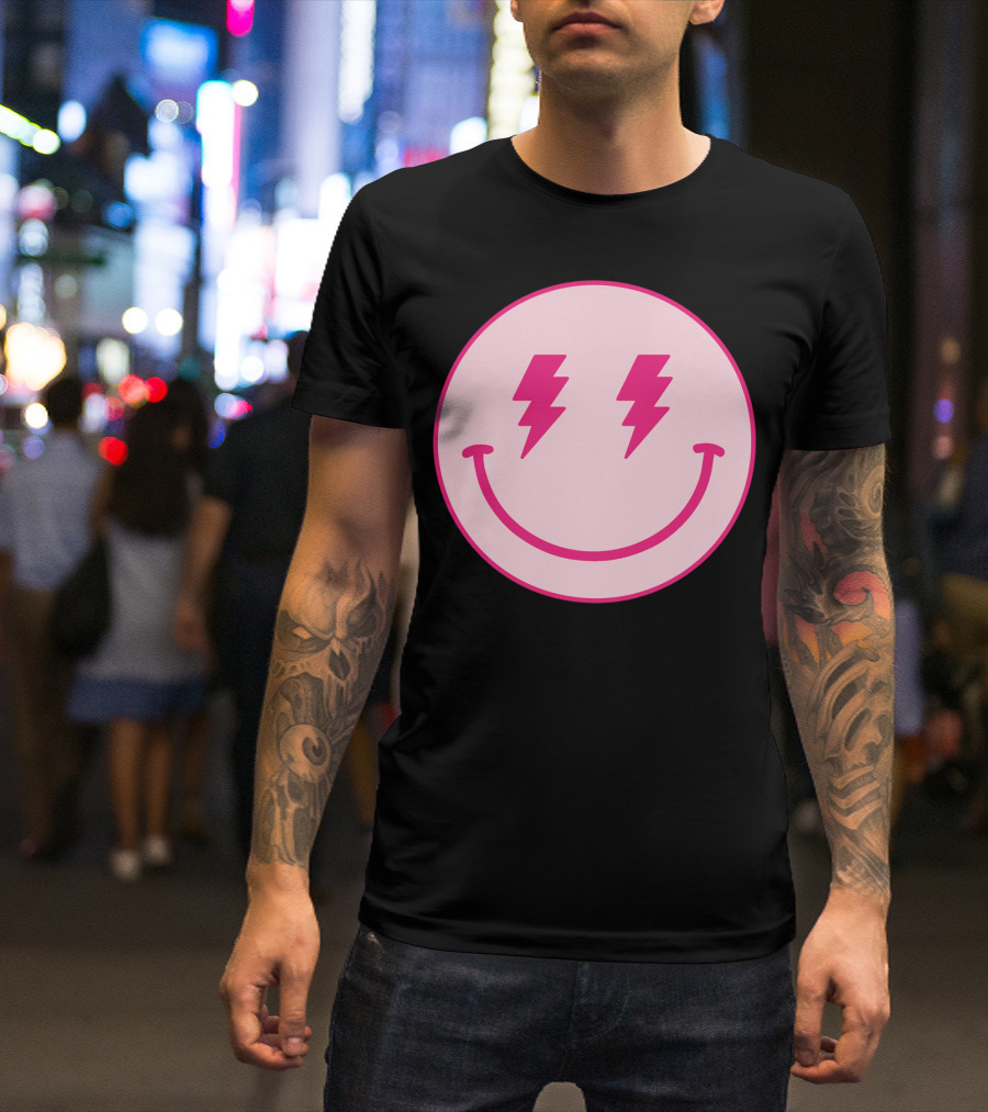 Lightning Bolt Smiley Face Pink Circle T-Shirt