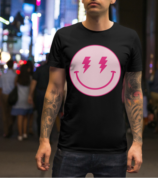 Lightning Bolt Smiley Face Pink Circle T-Shirt