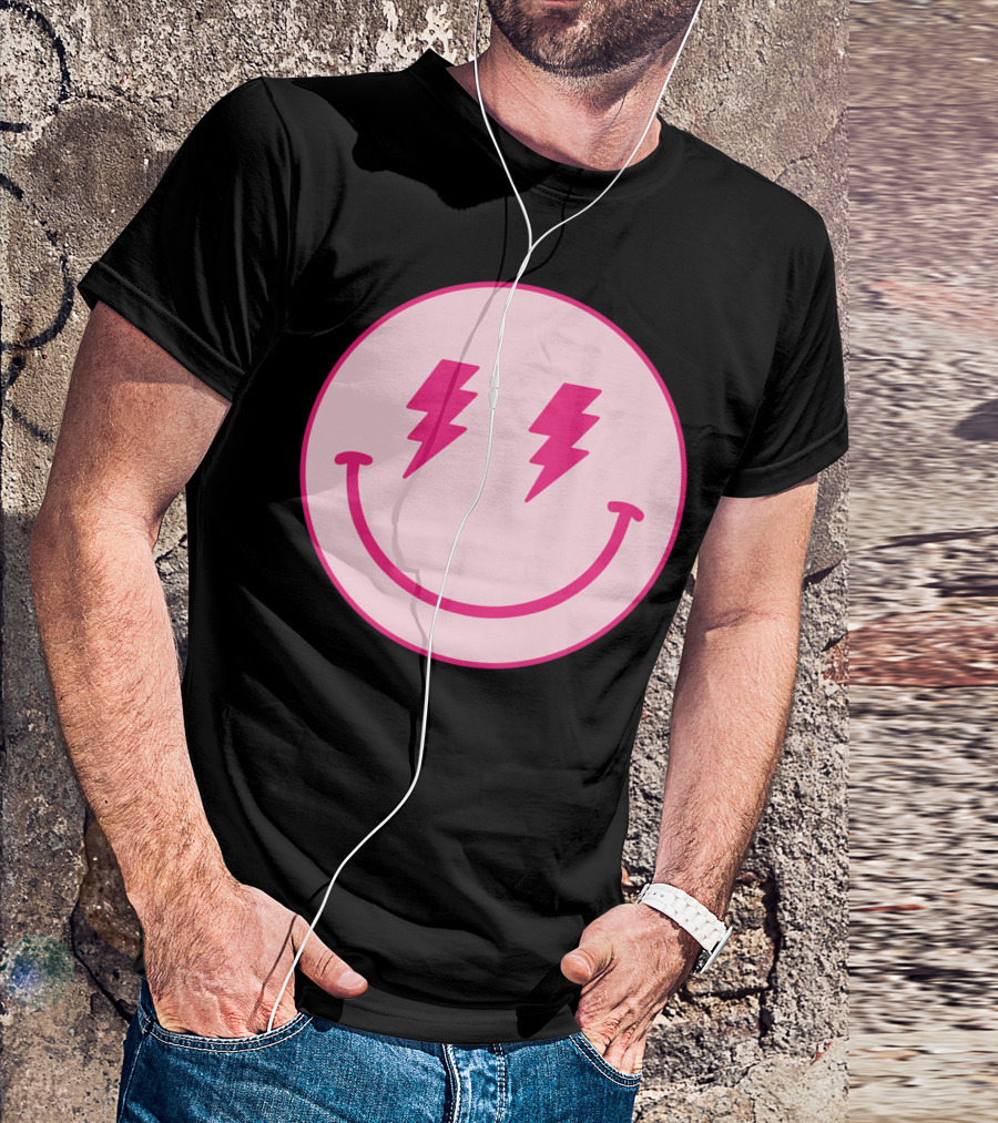 Lightning Bolt Smiley Face Pink Circle T-Shirt