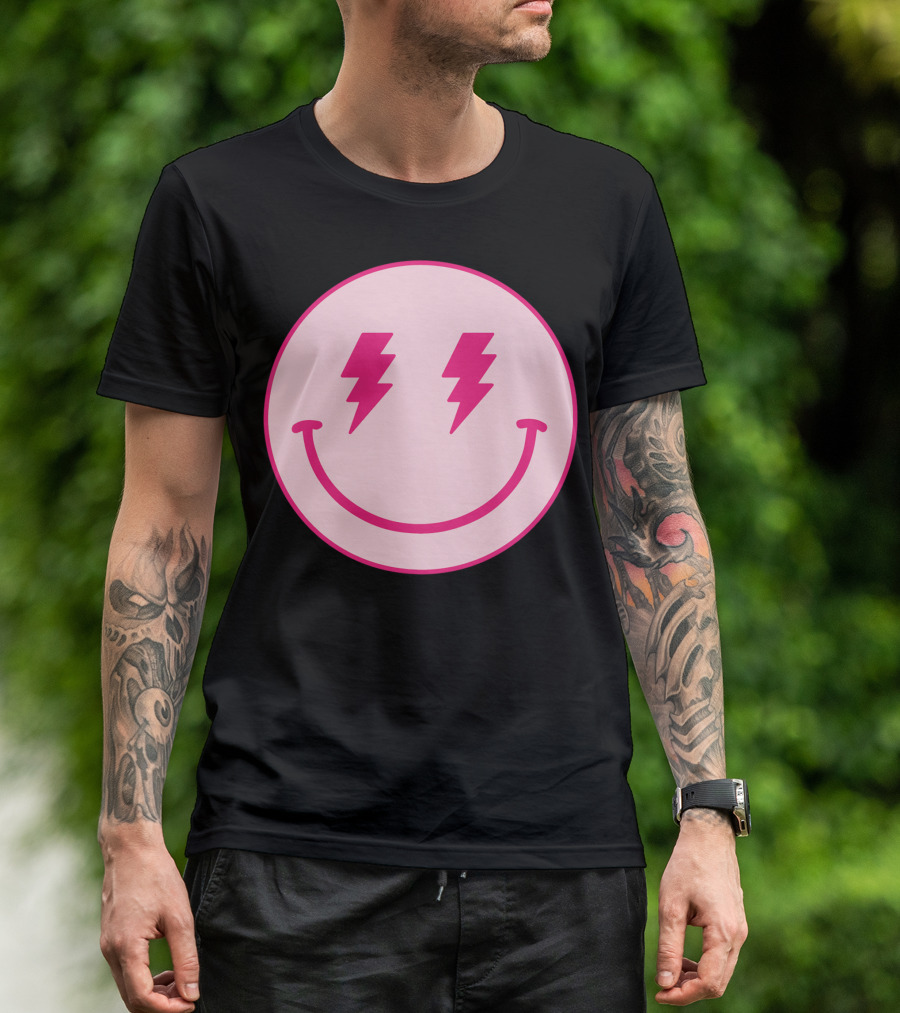 Lightning Bolt Smiley Face Pink Circle T-Shirt
