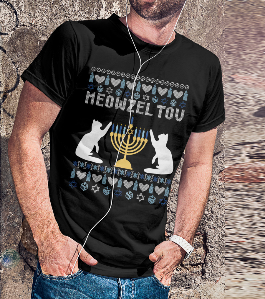 Meowzel Tov Chanukah Cats Menorah Stars Hearts Dreidels T-Shirt