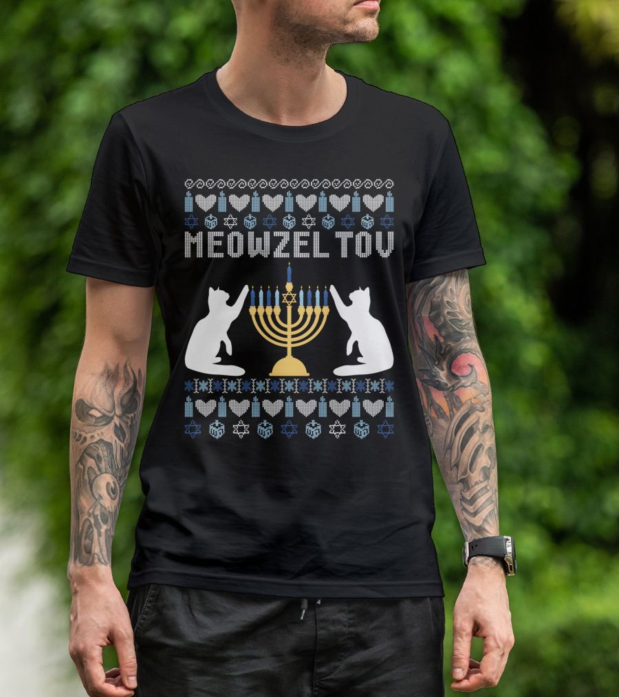 Meowzel Tov Chanukah Cats Menorah Stars Hearts Dreidels T-Shirt