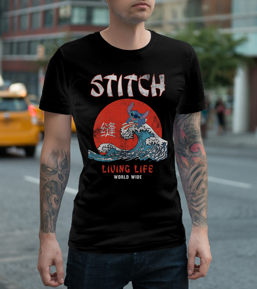 Stitch Living Life World Wide Wave Red Japanese Character T-Shirt
