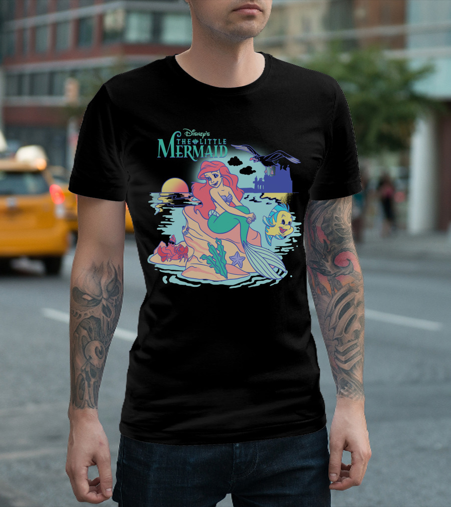 Disney's The Little Mermaid Ariel With Flounder And Sebastian By Castle At Sunset T-Shirt