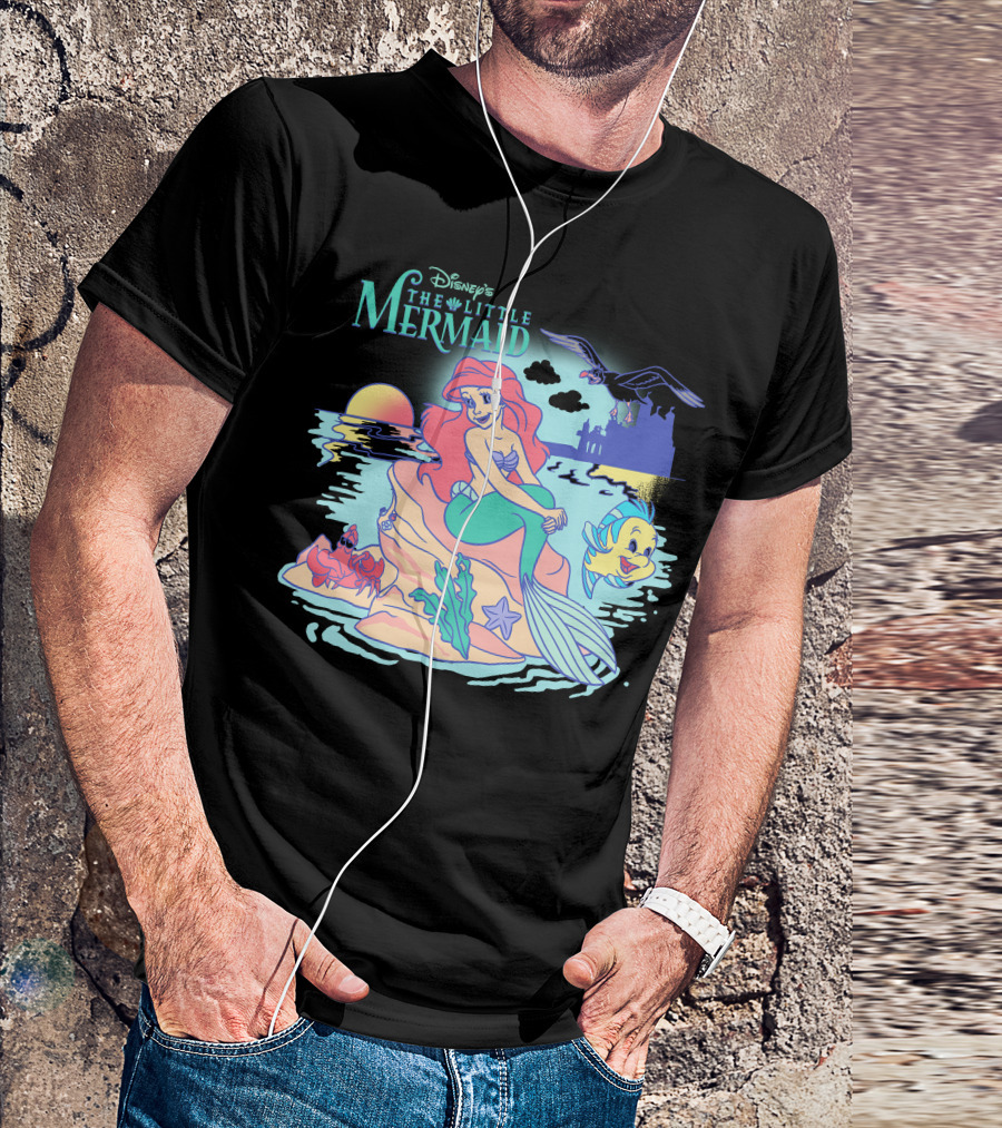 Disney's The Little Mermaid Ariel With Flounder And Sebastian By Castle At Sunset T-Shirt