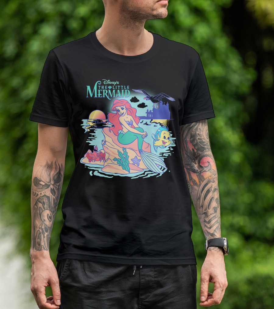 Disney's The Little Mermaid Ariel With Flounder And Sebastian By Castle At Sunset T-Shirt