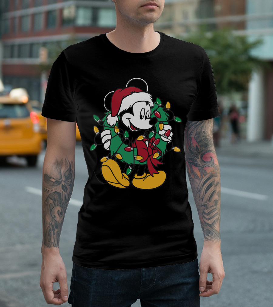 Disney Mickey Mouse Christmas Wreath Lights Santa Hat Holiday Decor T-Shirt