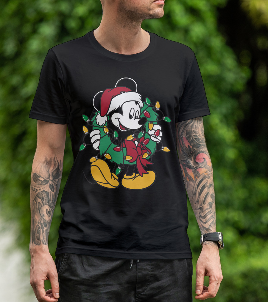 Disney Mickey Mouse Christmas Wreath Lights Santa Hat Holiday Decor T-Shirt