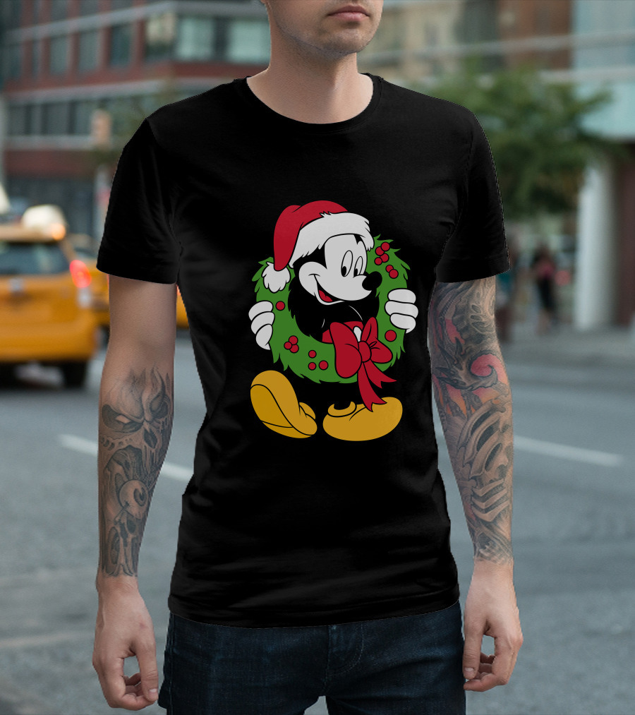 Disney Mickey Mouse Christmas Santa Hat Wreath Bow T-Shirt