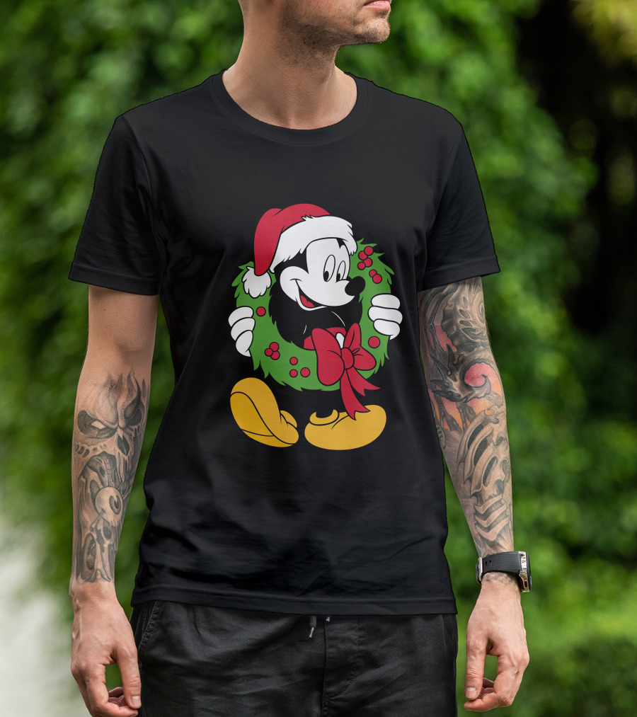 Disney Mickey Mouse Christmas Santa Hat Wreath Bow T-Shirt