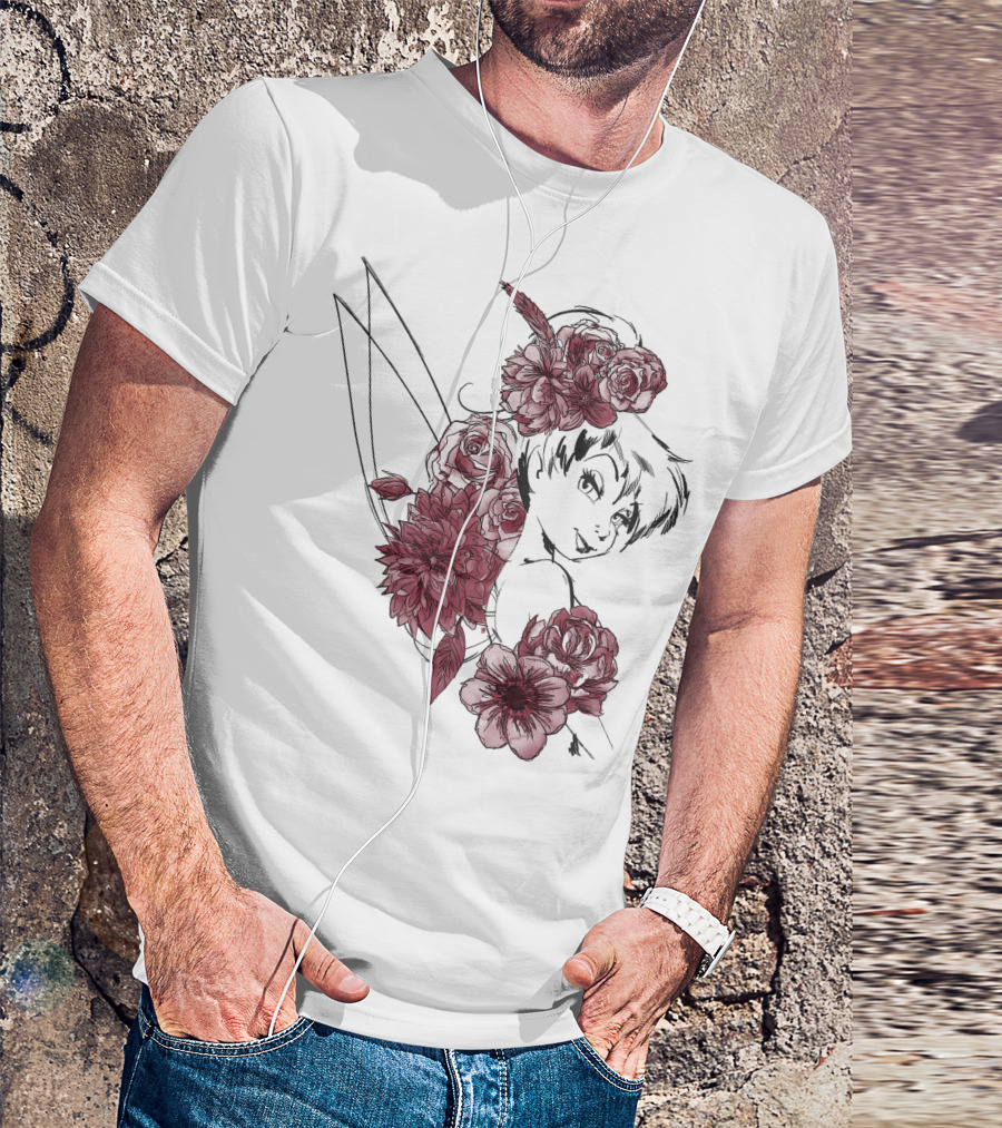 Disney Peter Pan Tinkerbell Red Floral Outline T-Shirt