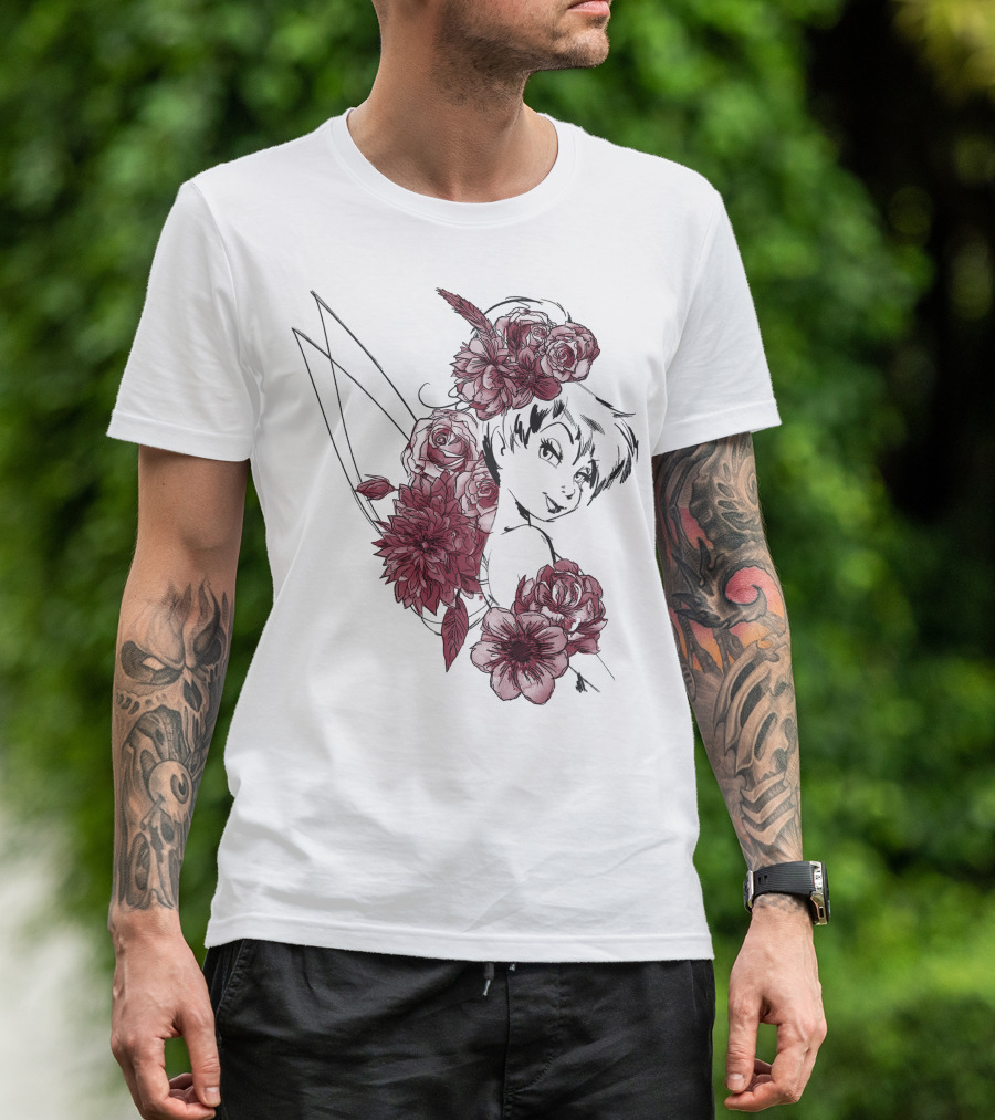 Disney Peter Pan Tinkerbell Red Floral Outline T-Shirt