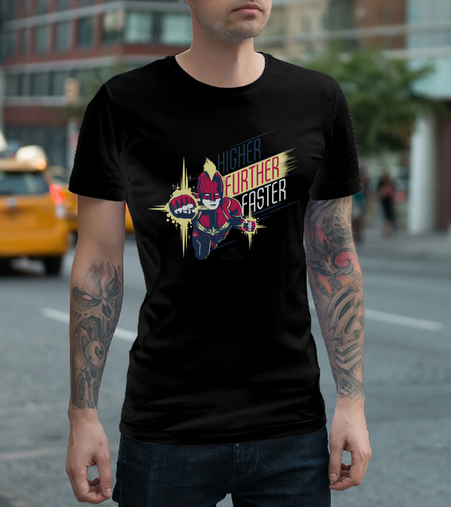 Captain Marvel Higher Further Faster Bold Heroic Charge T-Shirt