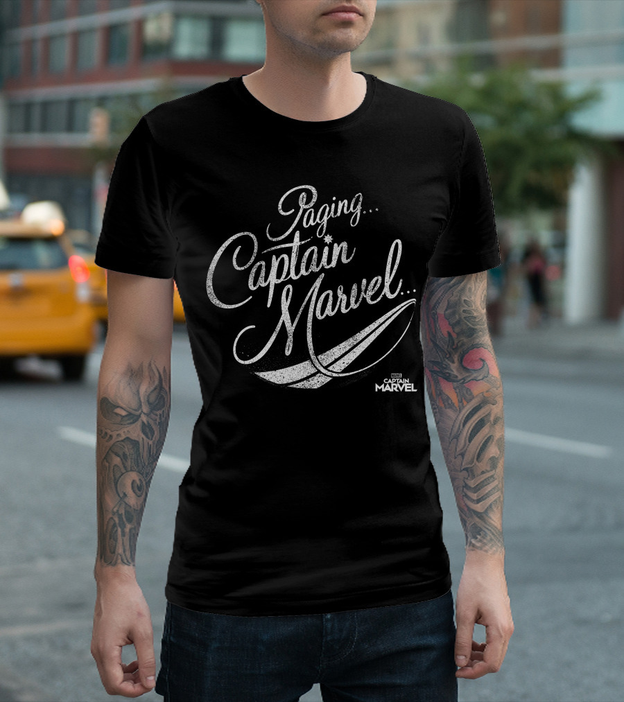 Paging Captain Marvel Distressed Cursive Marvel T-Shirt