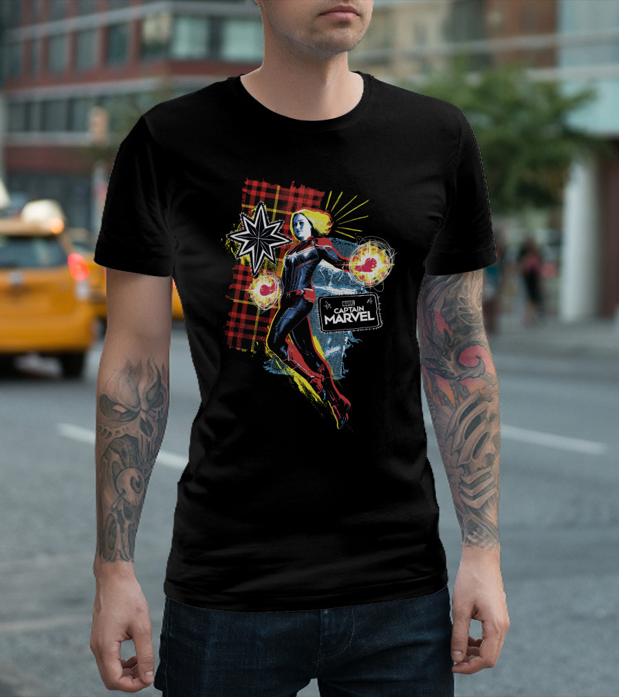 Captain Marvel Starburst Plaid Jean Patch Marvel Comics Hero T-Shirt