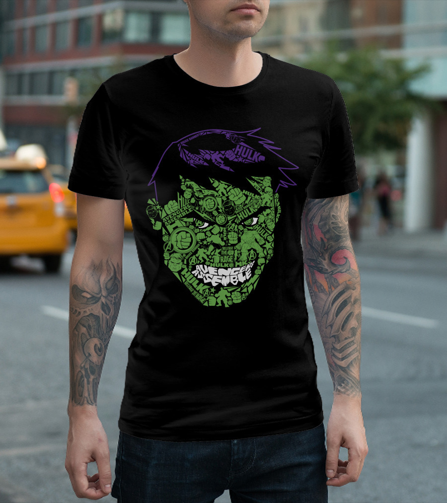 Avengers Assemble Hulk Rage Face with Smash Symbol and Purple Hair Elements T-Shirt