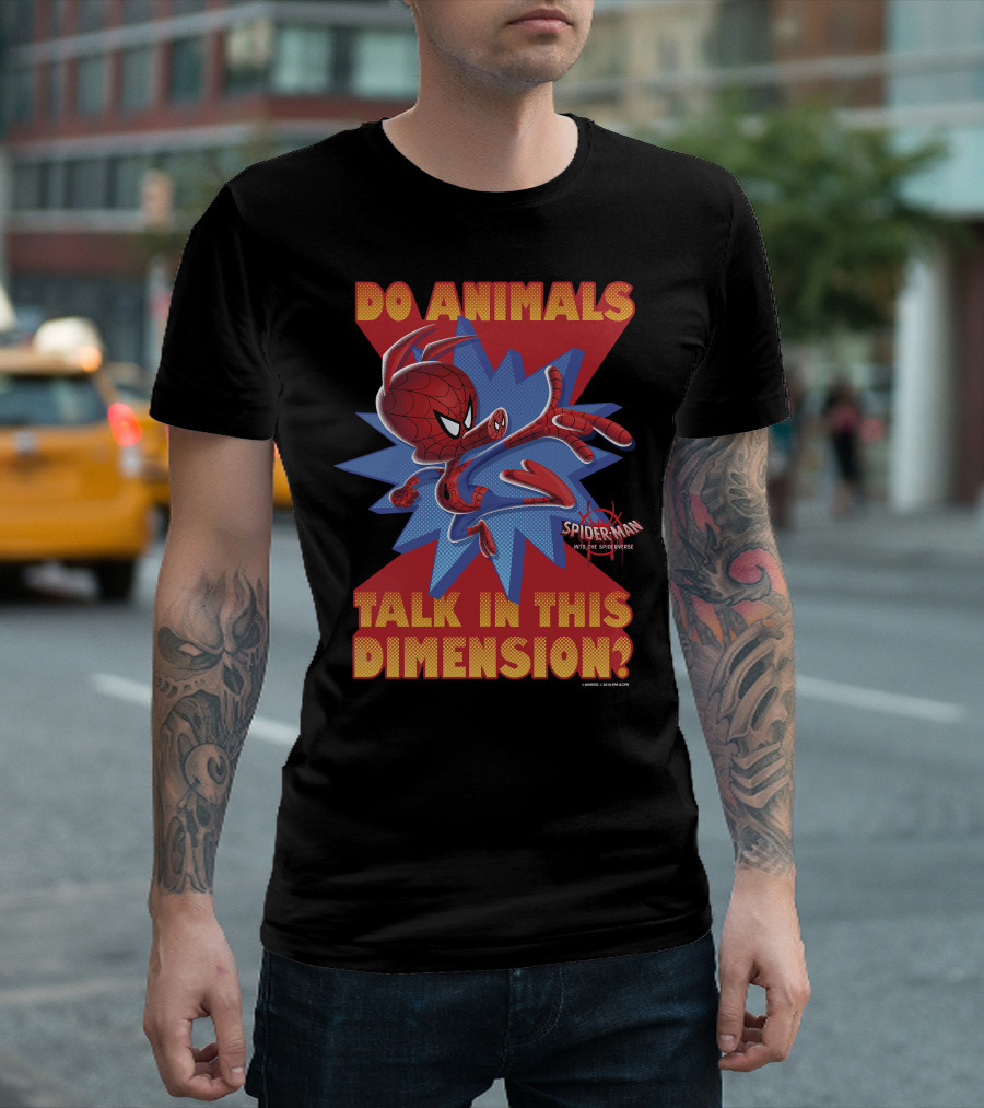 Marvel Spider-Man Into the Spiderverse Do Animals Talk in This Dimension? T-Shirt