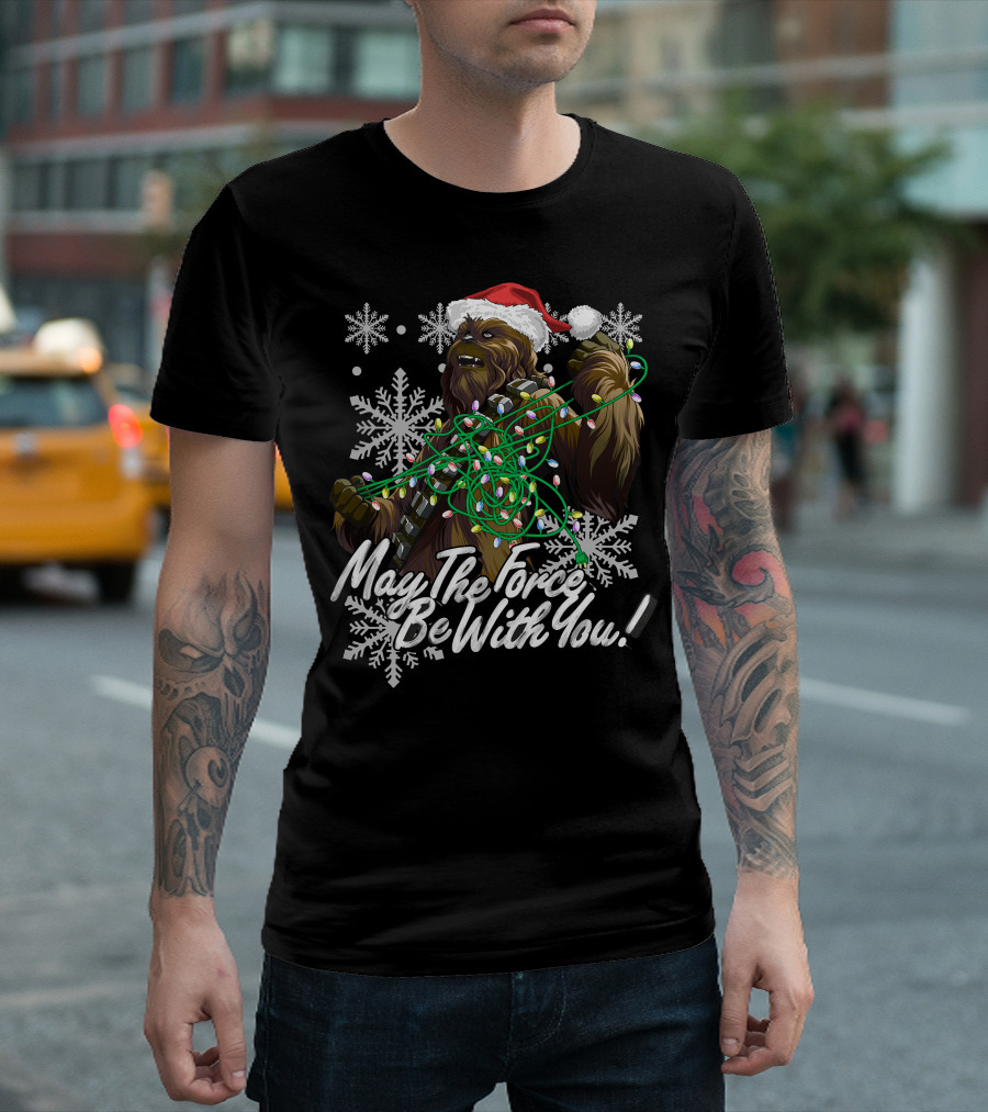 May The Force Be With You Chewbacca Santa Hat Tangled Lights Snowflakes T-Shirt