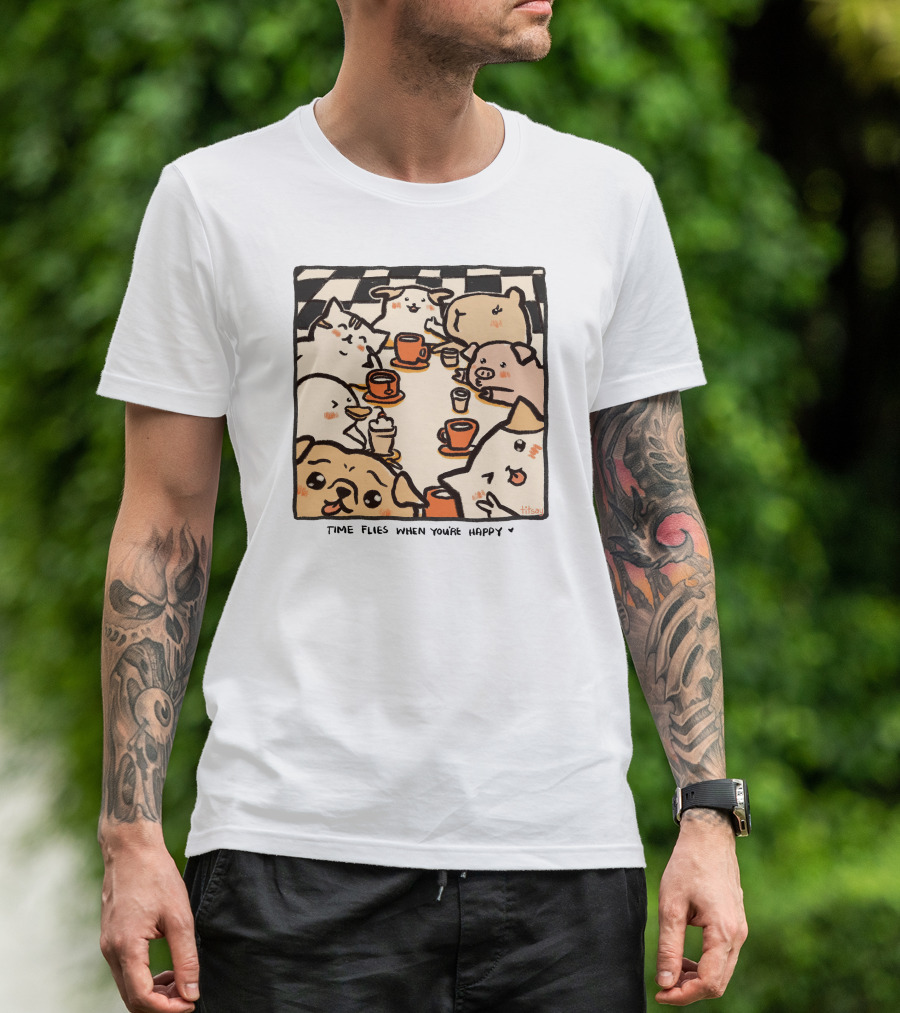 Time Flies When You're Happy With Cute Animals At Coffee Table T-Shirt
