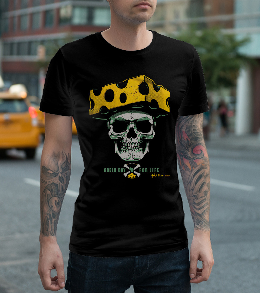 Green Bay For Life Skull Cheesehead T-Shirt