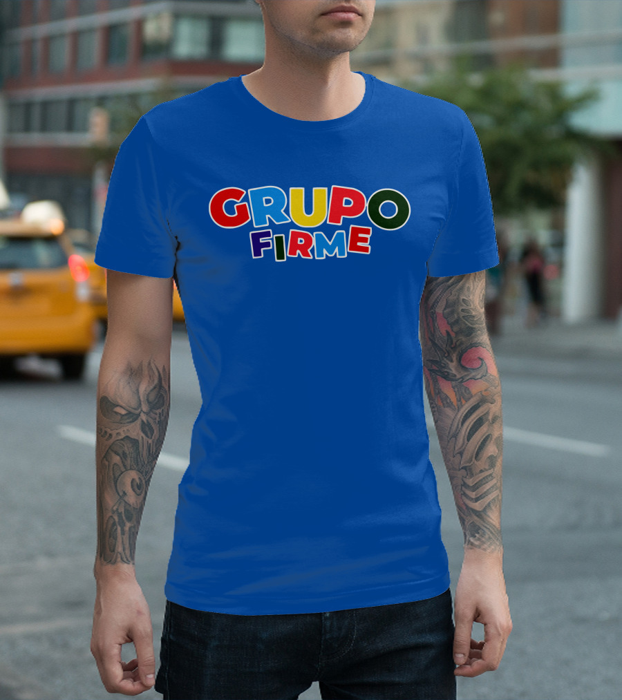 GRUPO FIRME Merch Bold Colorful Text on Blue T-Shirt