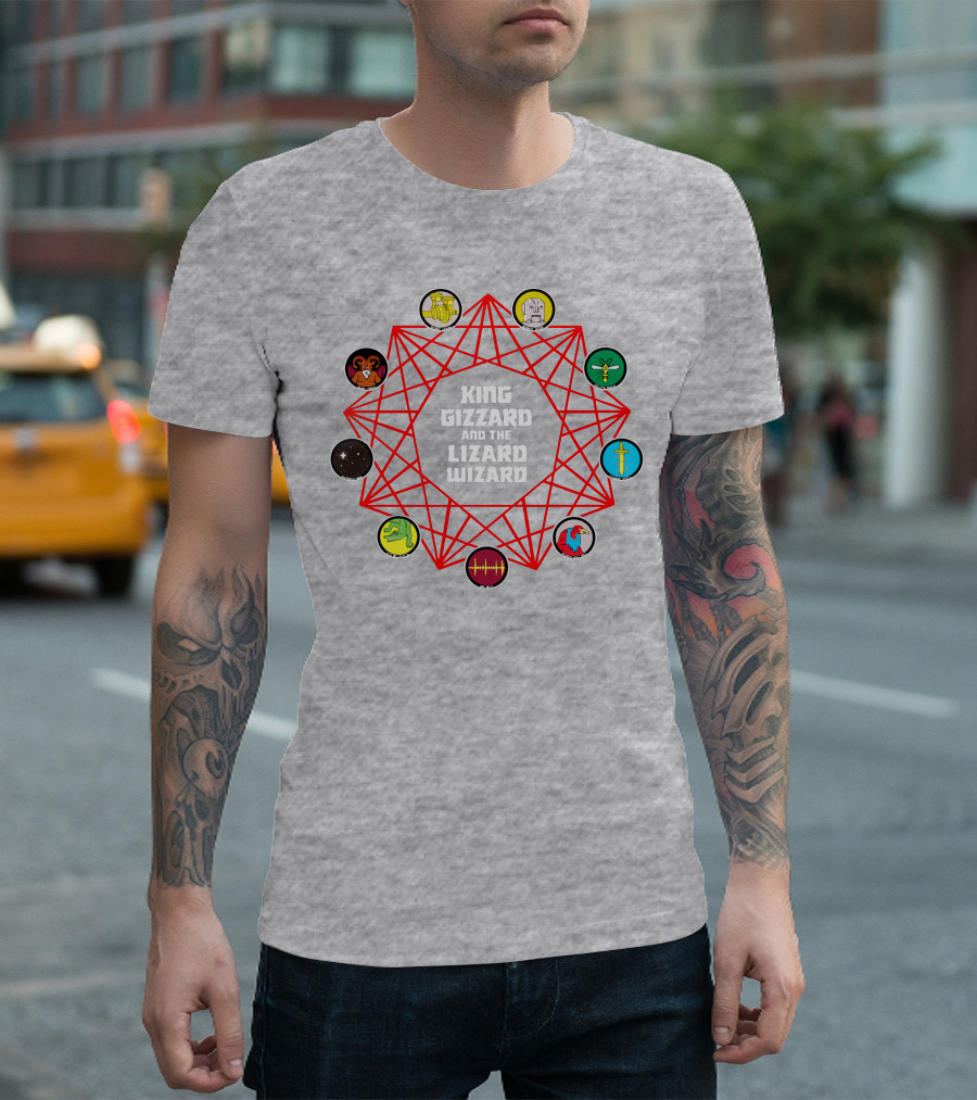 King Gizzard and the Lizard Wizard Merch with Iconic Symbols and Red Geometric Web T-Shirt