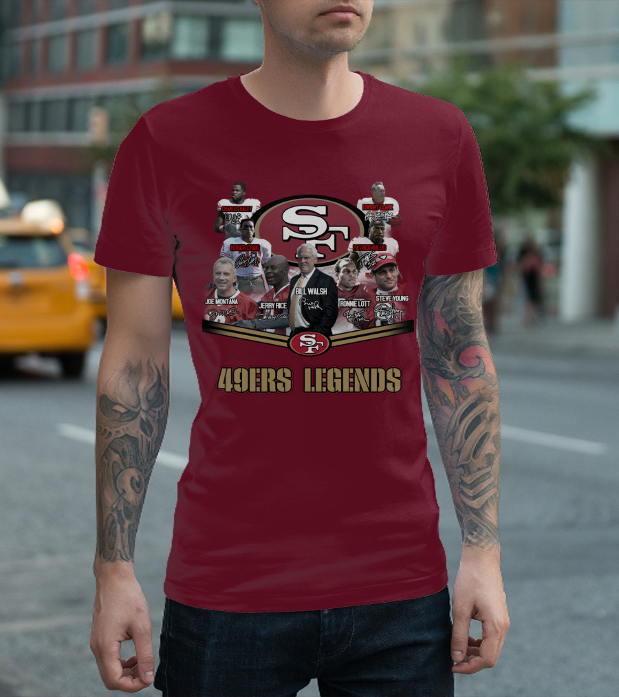49ers Legends Joe Montana Jerry Rice Ronnie Lott Steve Young Charles Haley Roger Craig Dwight Clark Patrick Willis Bill Walsh T-Shirt