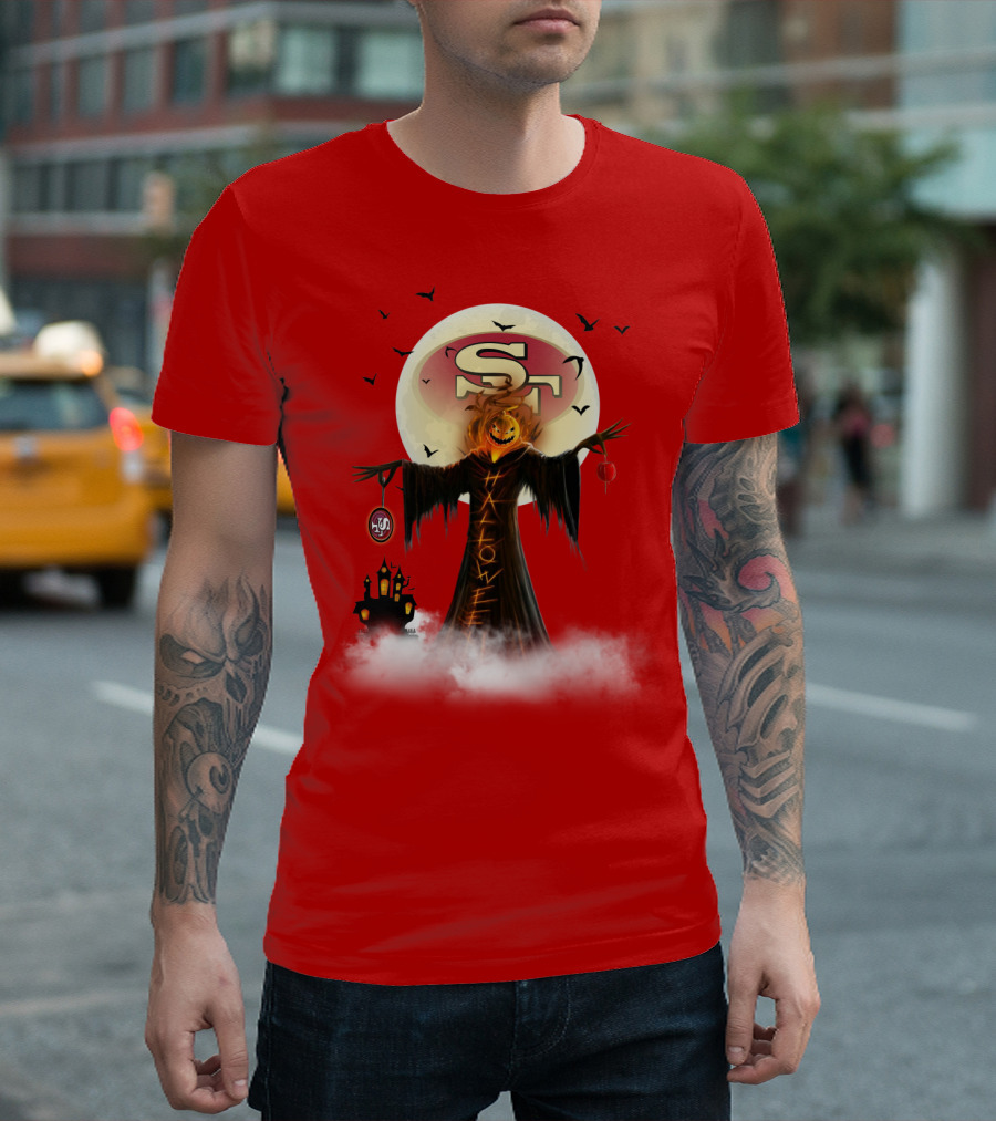 Halloween Scarecrow With Sf Logo And Haunted Castle T-Shirt