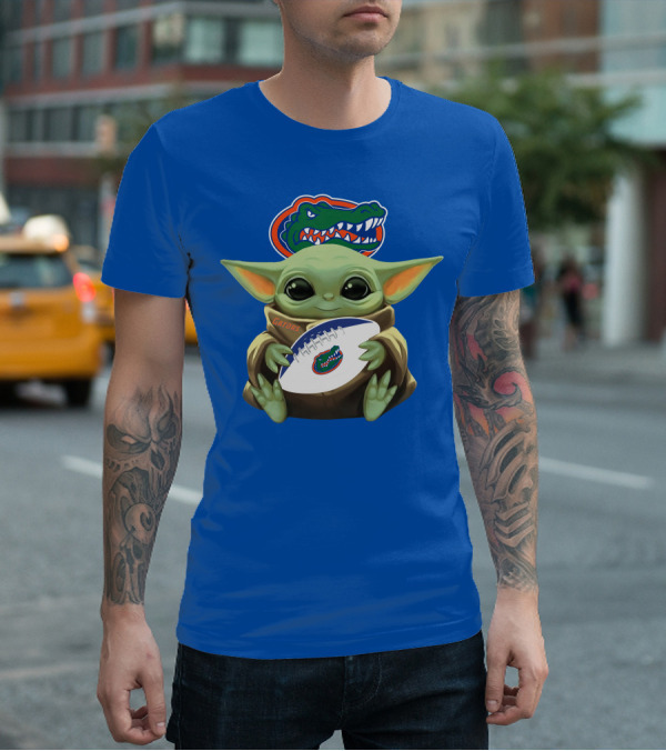 Baby Yoda Holding Football With Gators Logo T-Shirt