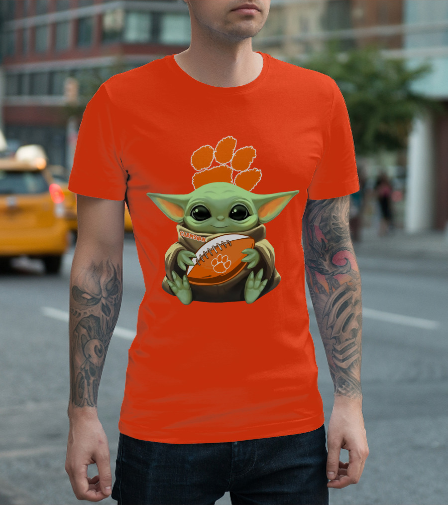 Clemson Orange Paw Baby Yoda Football T-Shirt