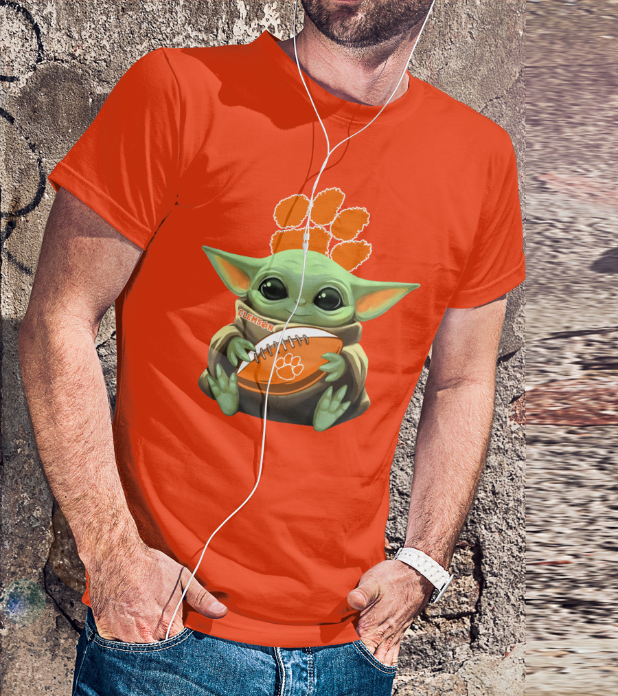 Clemson Orange Paw Baby Yoda Football T-Shirt