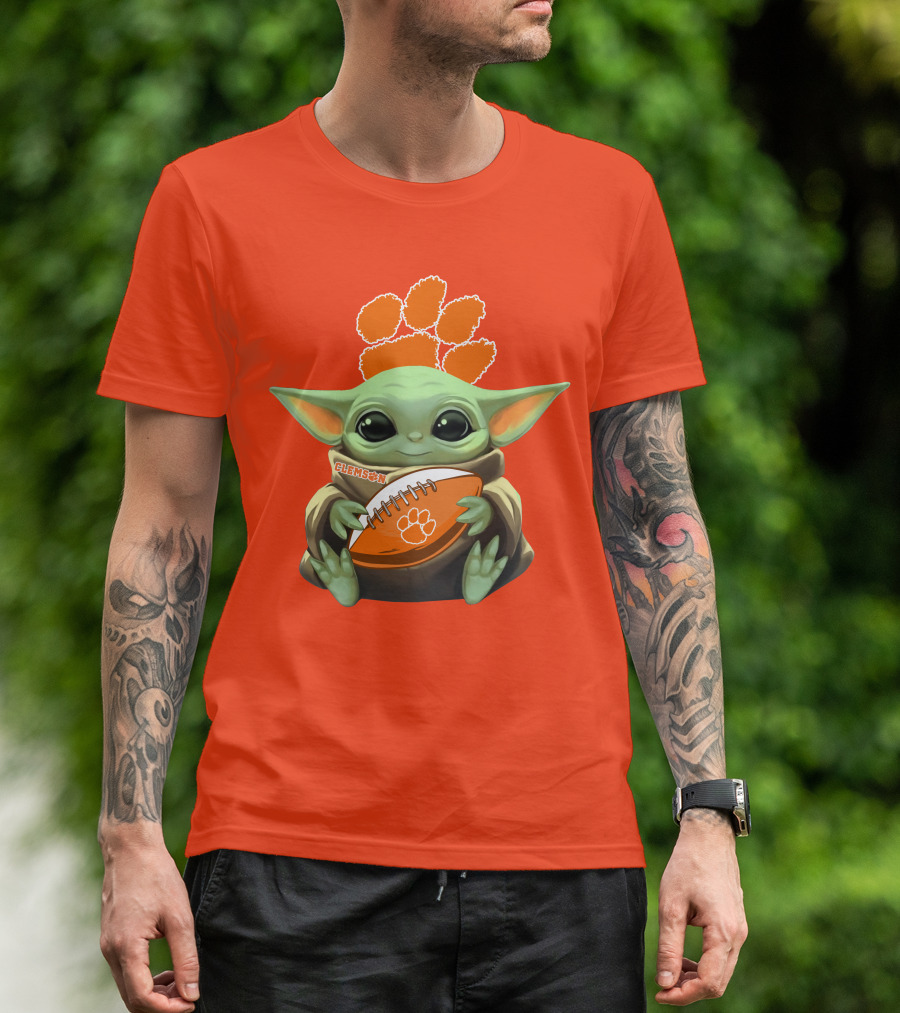 Clemson Orange Paw Baby Yoda Football T-Shirt