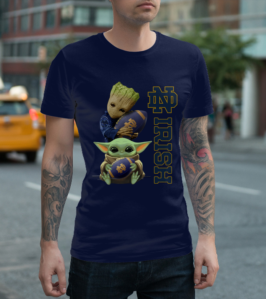 Notre Dame Irish Baby Groot And Baby Yoda Football T-Shirt