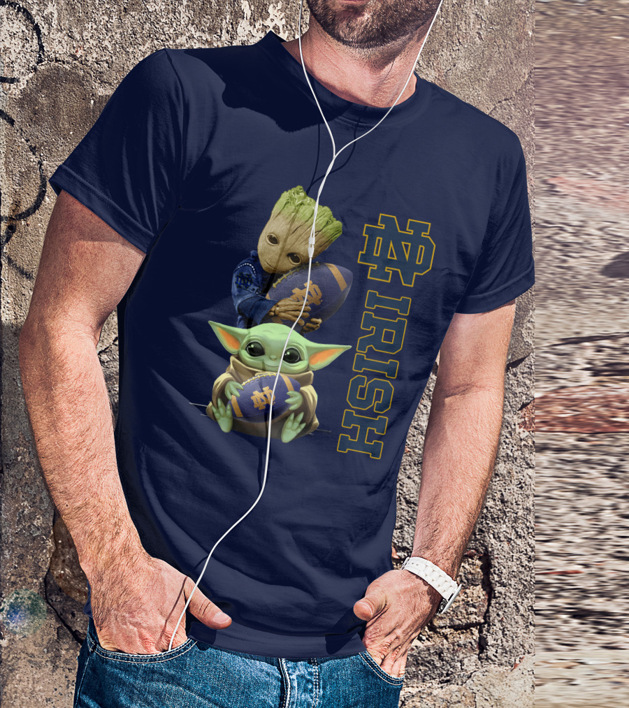 Notre Dame Irish Baby Groot And Baby Yoda Football T-Shirt