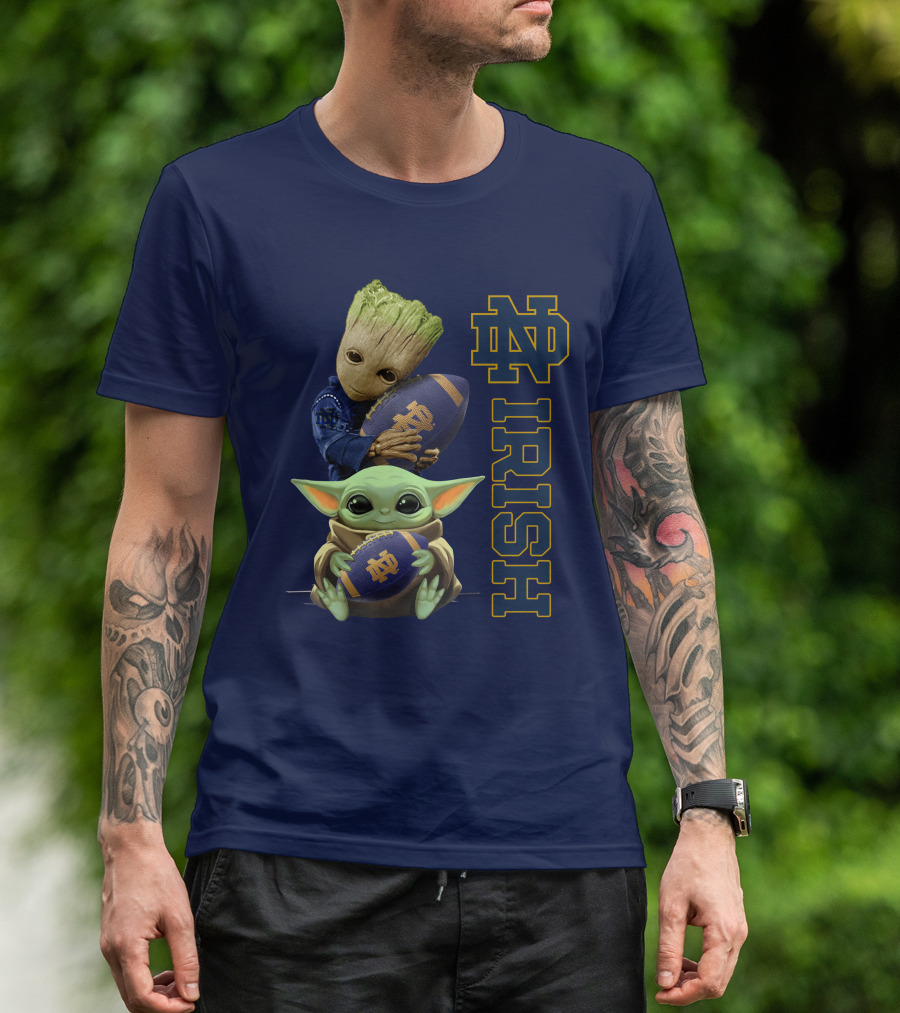 Notre Dame Irish Baby Groot And Baby Yoda Football T-Shirt