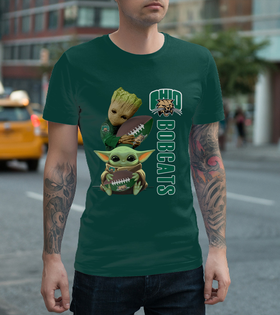 Ohio Bobcats Grogu And Groot Football T-Shirt