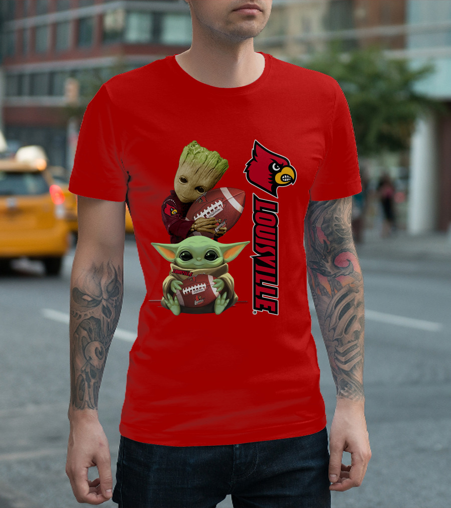 Groot Baby Yoda Holding Football Louisville Cardinals T-Shirt
