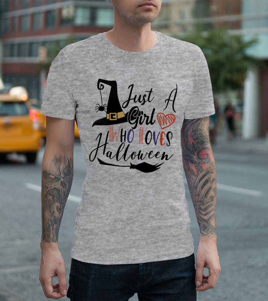 Just A Girl Who Loves Halloween Witch Hat And Broom With Spider And Heart T-Shirt